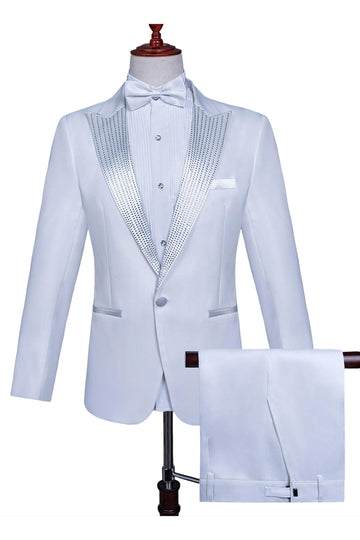 Sparkly White Peak Lapel 2 Piece Men's Prom Suits with Beading